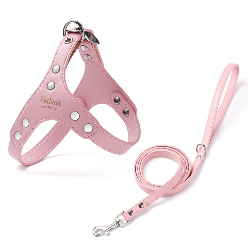 Pink genuine leather pet harness and leash set from Pet Panache Boutique, featuring a stylish and comfortable design for pets.