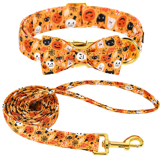 Personalized Festive Halloween Pet Collar with Bow & Leash Set - Pet Panache Boutique
