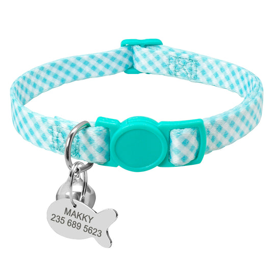 Sky-Blue Checkerboard Cat Collar with Fish ID Personalization Charm - Pet Panache Boutique