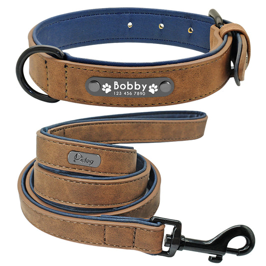 Personalized Brown Leather Pet Collar & Leash Set