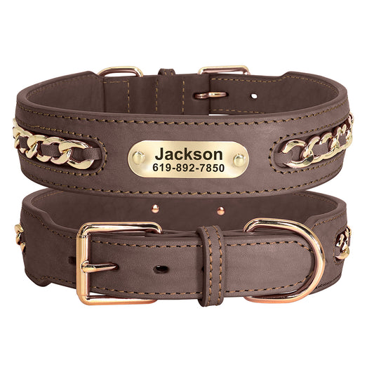 Brown leather Chain Wrapped Pet Collar