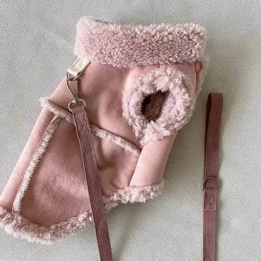 Pink suede pet vest with fluffy trim and matching leash for small pets
