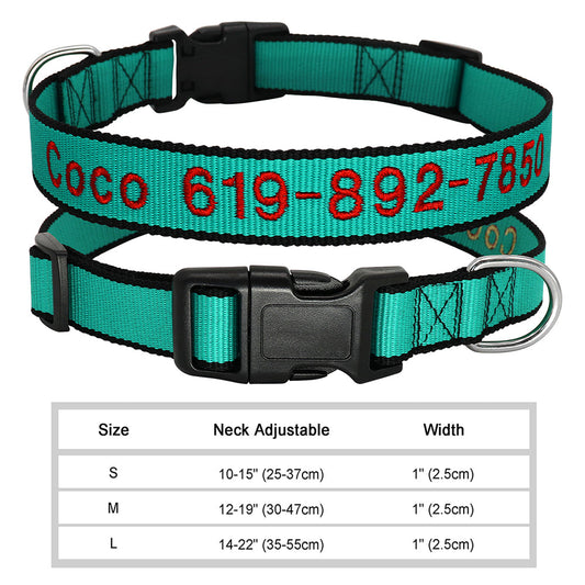 Turquoise blue nylon adjustable pet collar with personalized red embroidery and black buckle