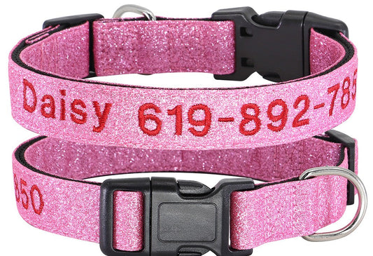 Pink glitter personalized pet collar with adjustable buckle and safety ID plate