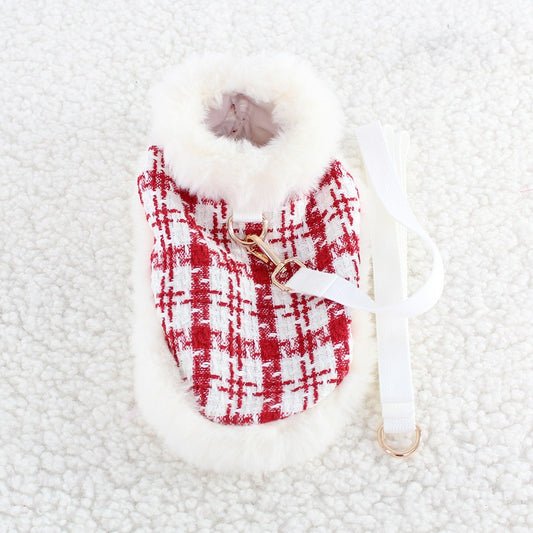 Red & White Plaid Fur Trimmed Pet Vest & Leash - Pet Panache Boutique