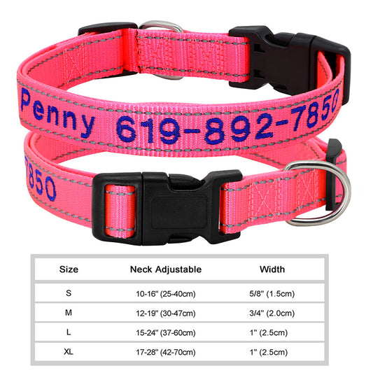 Personalized pink nylon pet collar with adjustable size and custom name and phone number embroidered