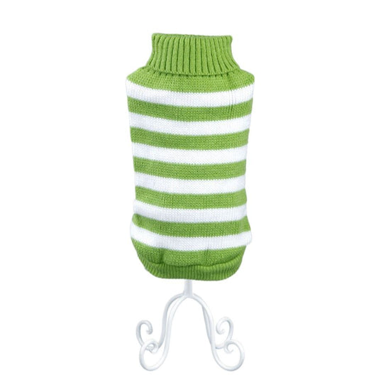 Green and white striped pet sweater with a cozy turtleneck design for warmth and comfort