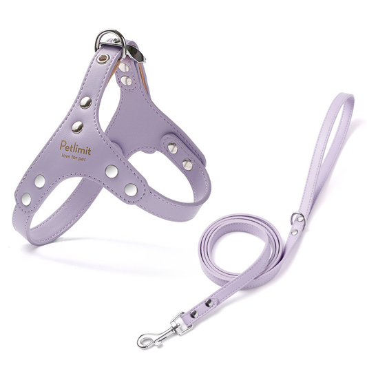 Lilac Genuine Leather Pet Harness & Leash Set