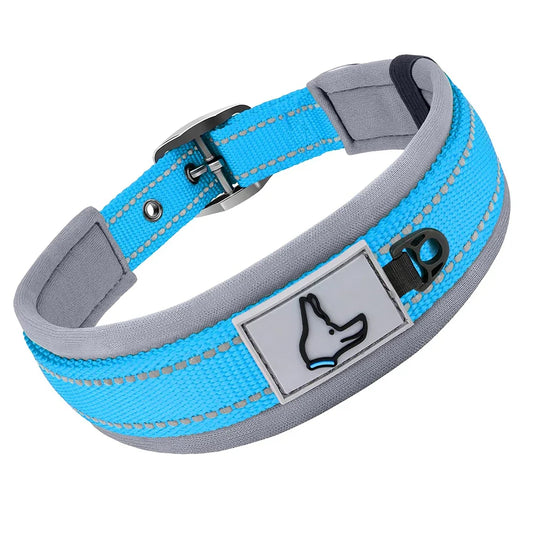 Blue reflective pet collar with durable nylon and secure buckle for safety and comfort