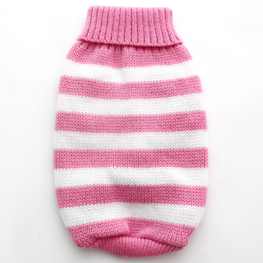 Pink striped pet sweater with white bands, cozy knitwear for pets, warm and durable pet clothing