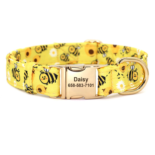 Yellow Bumble Bee Personalized Pet Collar with adjustable buckle and engraved nameplate
