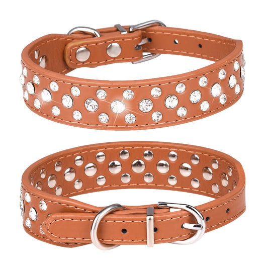 Golden Honey Rhinestone Genuine Leather Pet Collar