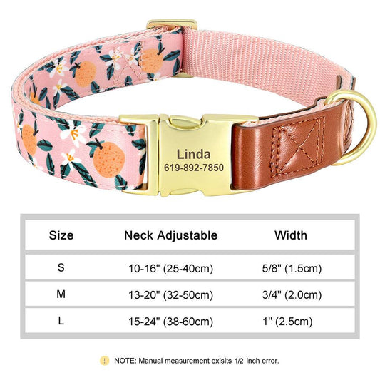Pink Citrus Personalized Pet Collar with adjustable nylon strap, leather detail, and engraved buckle