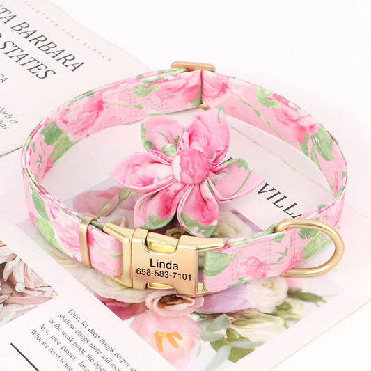 Pink Rose Collar with detachable floral bow and personalized gold nameplate for pets