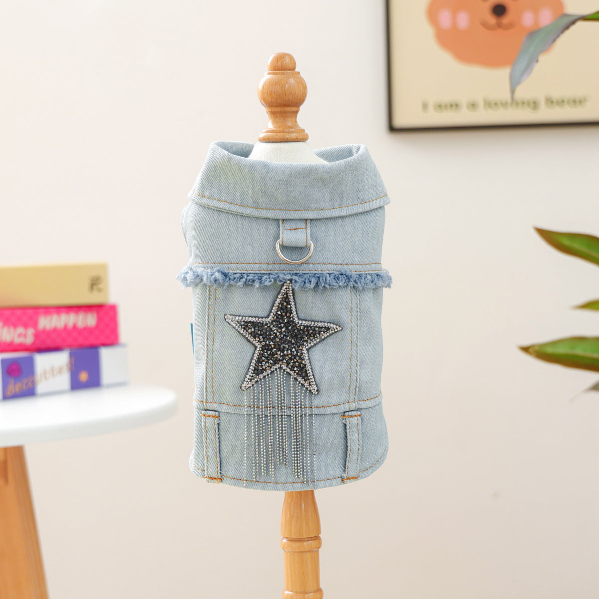 Denim Blue Pet Star Vest from Pet Panache Boutique, featuring a stylish vest with star details for small dogs or pets.