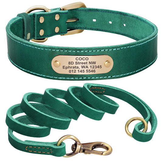 Personalized Teal Blue Genuine Leather Pet Collar