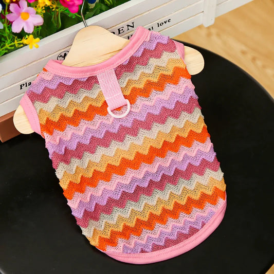 Pink Chevron Pet Sweater with soft knit fabric and peach-toned zigzag stripes for cozy pet comfort