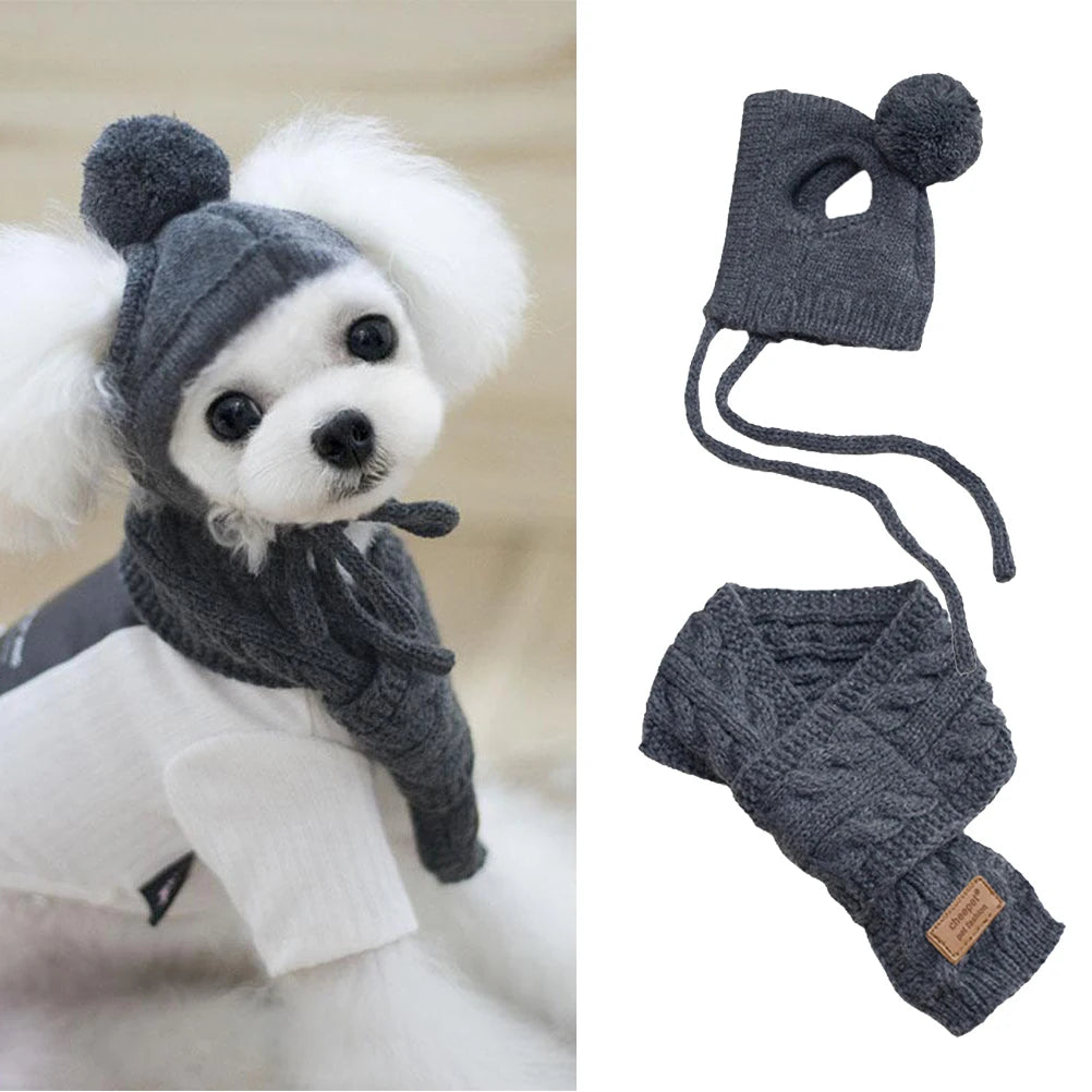 Slate Blue or Ruby Red Pet Pompom Hat & Scarf Set - Pet Panache Boutique