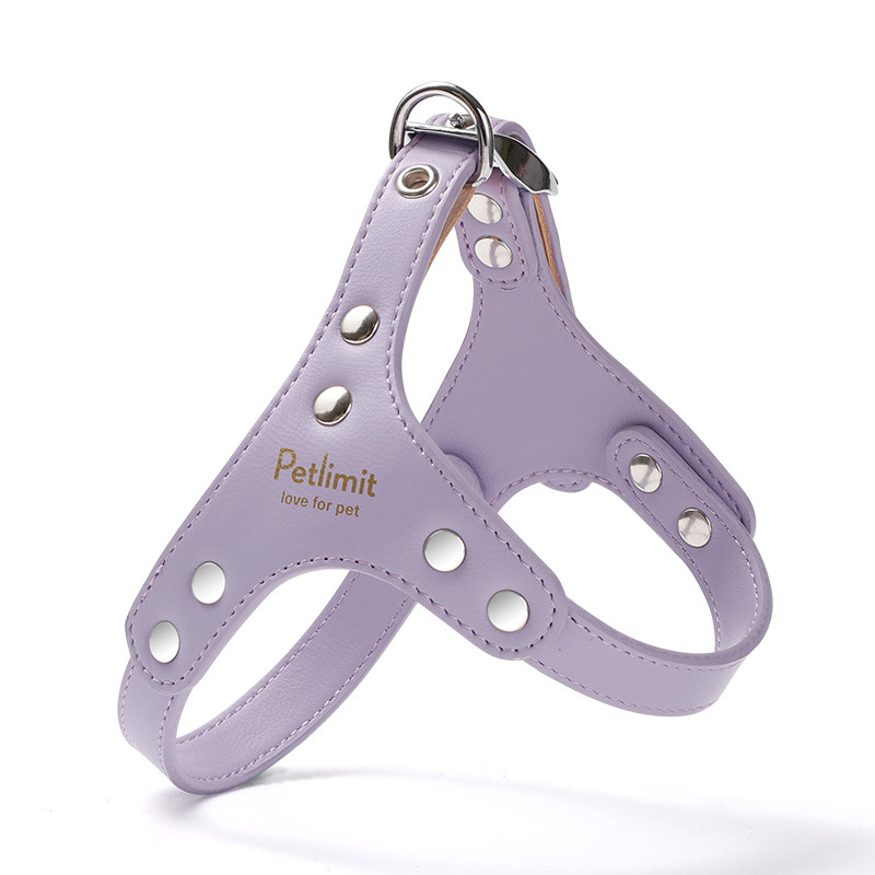 Lilac genuine leather pet harness from Pet Panache Boutique with adjustable straps and metal buckle for dogs or cats.