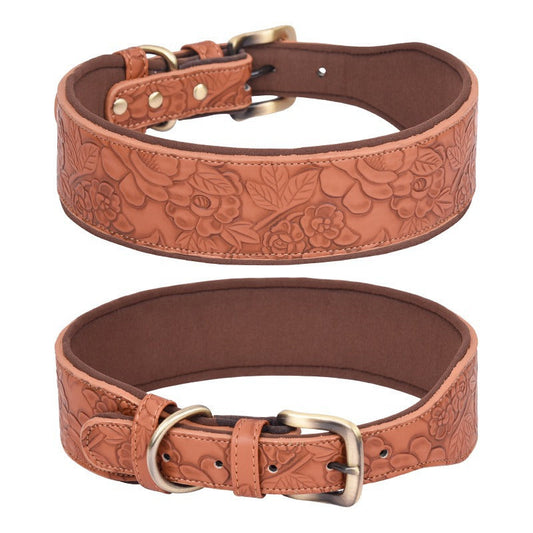 Brown floral engraved leather pet collar with brass buckle and comfortable lining