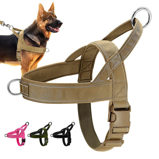 Reflective black tan pink nylon pet harness with secure fit and enhanced visibility for safe evening walks