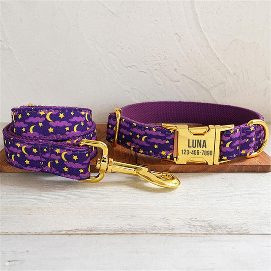 Purple & Gold Stars Personalized Pet Collar & Leash Set