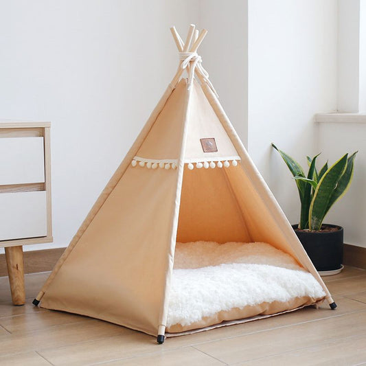 Apricot orange Pet Teepee by Pet Panache Boutique, cozy pet bed with wooden supports and soft fabric for small pets.