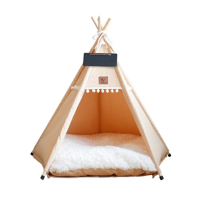Apricot-orange Pet Panache Boutique pet teepee bed with wooden supports and cozy fabric for small pets.