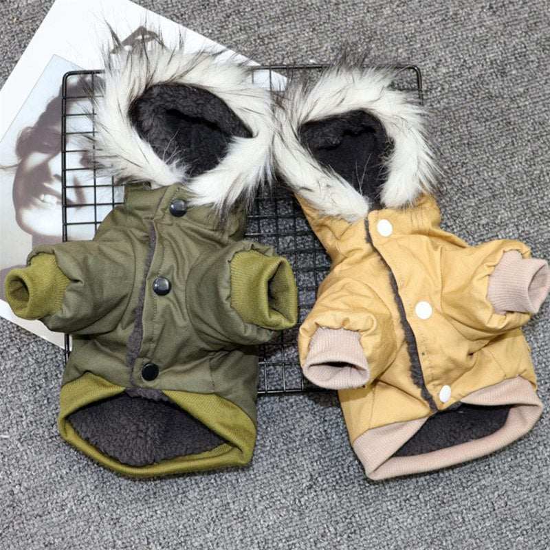Beige or olive green pet jacket with hoodie by Pet Panache Boutique, featuring cozy fabric and stylish design for dogs.