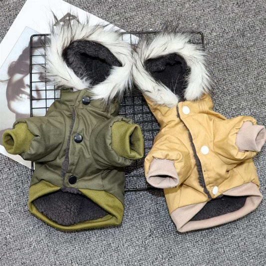 Beige or olive green pet jacket with hoodie by Pet Panache Boutique, featuring cozy fabric and stylish design for dogs.