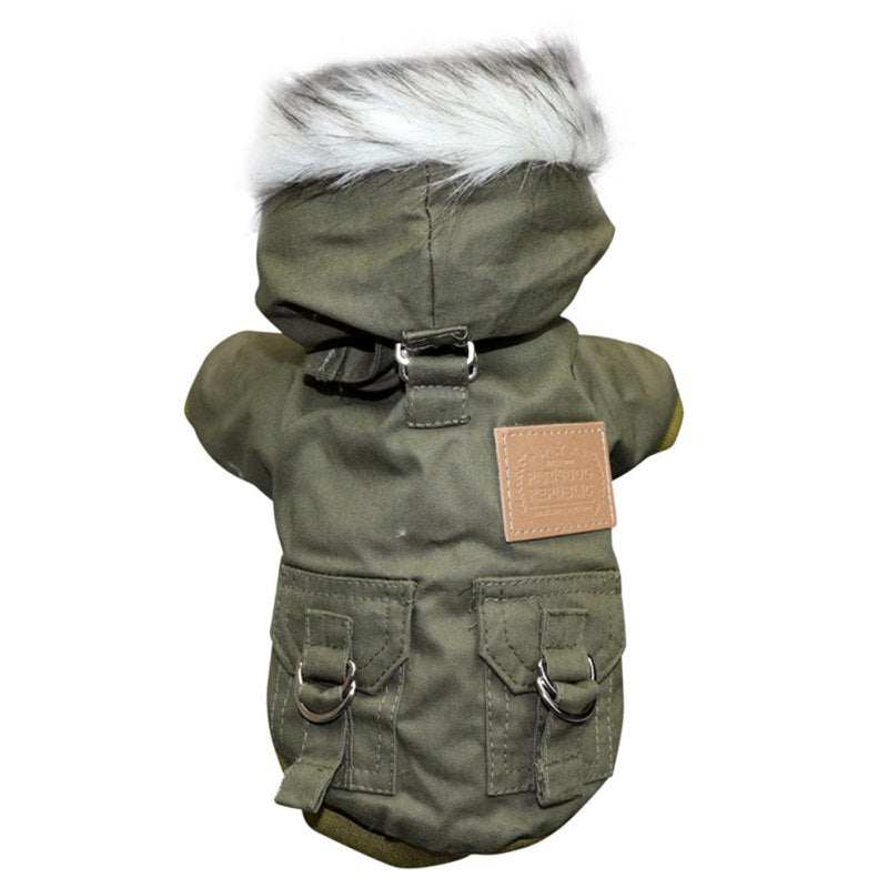 Beige or olive green Pet Panache Boutique pet jacket with a cozy hoodie, perfect for keeping your pet warm and stylish.
