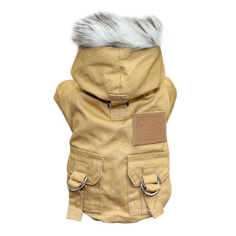 Beige or olive green Pet Panache Boutique pet jacket with a hoodie, designed for small dogs or cats, cozy and stylish.