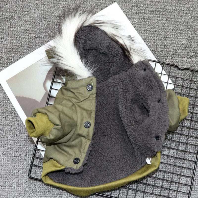 Beige or olive green pet jacket with a hood, designed for dogs, from Pet Panache Boutique, featuring cozy, stylish outdoor wear.