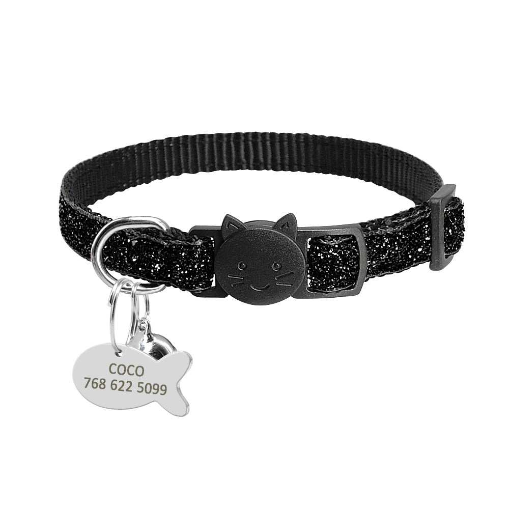 Black Glitter Cat Collar with Fish ID Personalization Charm - Pet Panache Boutique