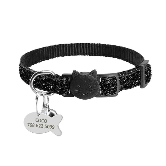 Black Glitter Cat Collar with Fish ID Personalization Charm - Pet Panache Boutique