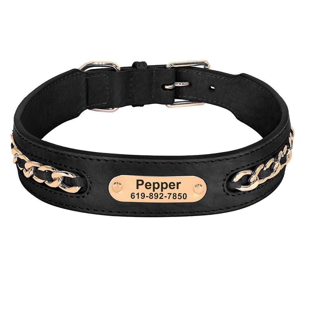 Black Leather Chain Wrapped Collar - Pet Panache Boutique