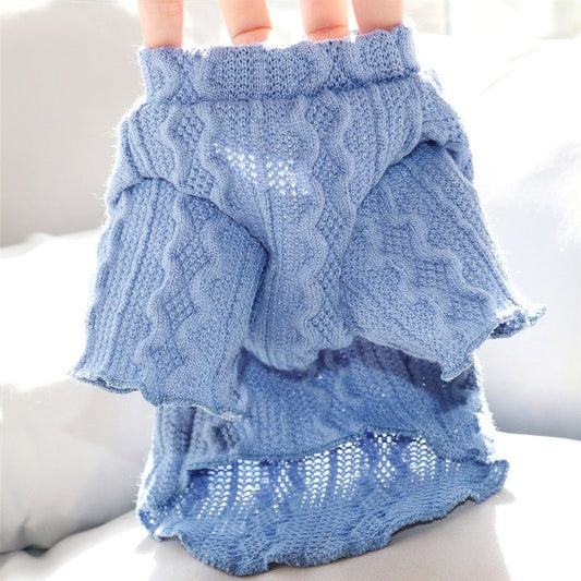 Blue crochet pet shirt from Pet Panache Boutique, featuring a comfortable and stylish design for small dogs or cats.