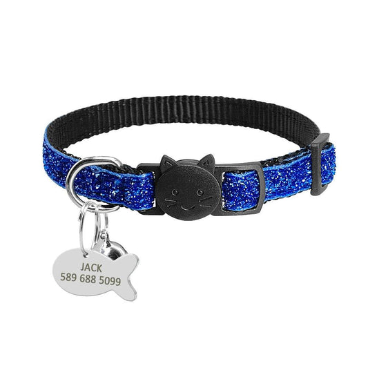 Blue Glitter Cat Collar with Fish ID Personalization Charm - Pet Panache Boutique