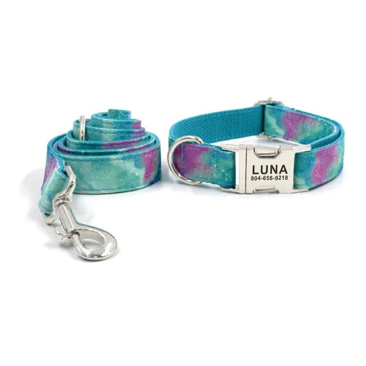Blue Marble Tye Dye Personalized Pet Collar & Leash Set - Pet Panache Boutique