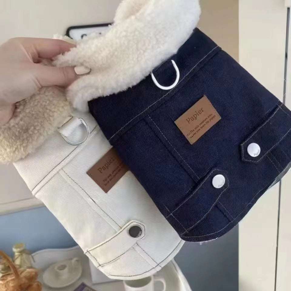 Blue or white Pet Panache Boutique pet vest on a small dog, showcasing comfortable and stylish pet clothing.