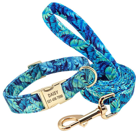 Blue Palm Personalized Pet Collar & Leash Set - Pet Panache Boutique