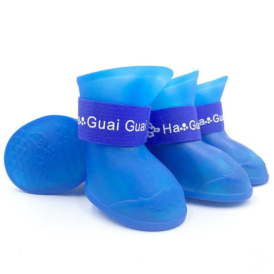 Blue Pet Rainboots from Pet Panache Boutique, waterproof pet boots designed for dogs, featuring durable blue material and comfortable fit.