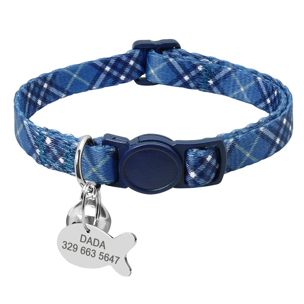 Blue Plaid Cat Collar with Fish ID Personalization Charm - Pet Panache Boutique