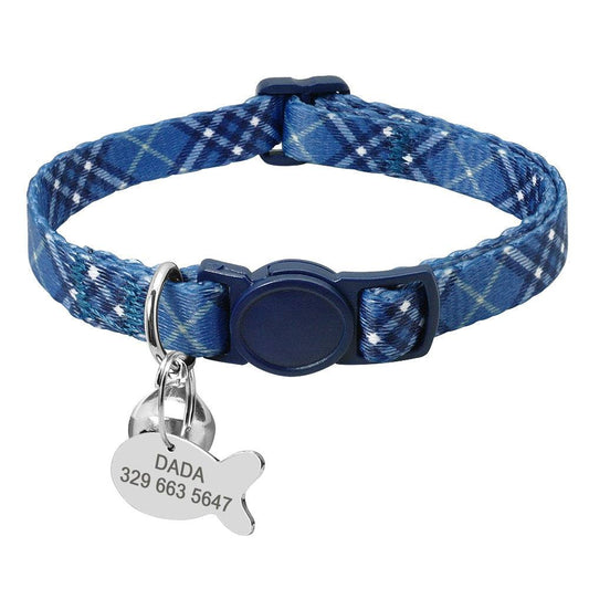 Blue Plaid Cat Collar with Fish ID Personalization Charm - Pet Panache Boutique