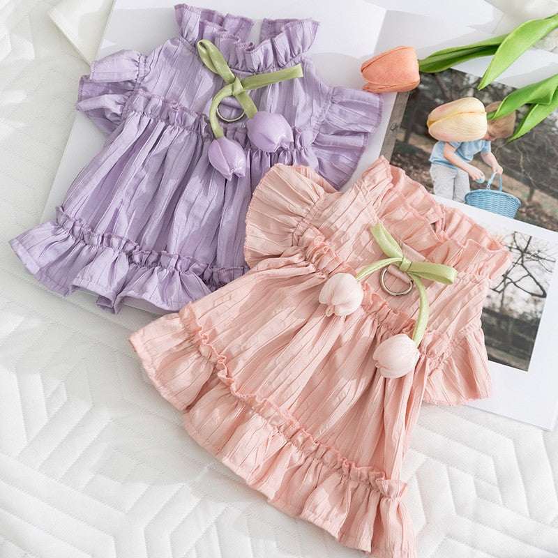 Blush pink and purple lilac tulip pet dress from Pet Panache Boutique, stylish floral dress for small dogs or cats.