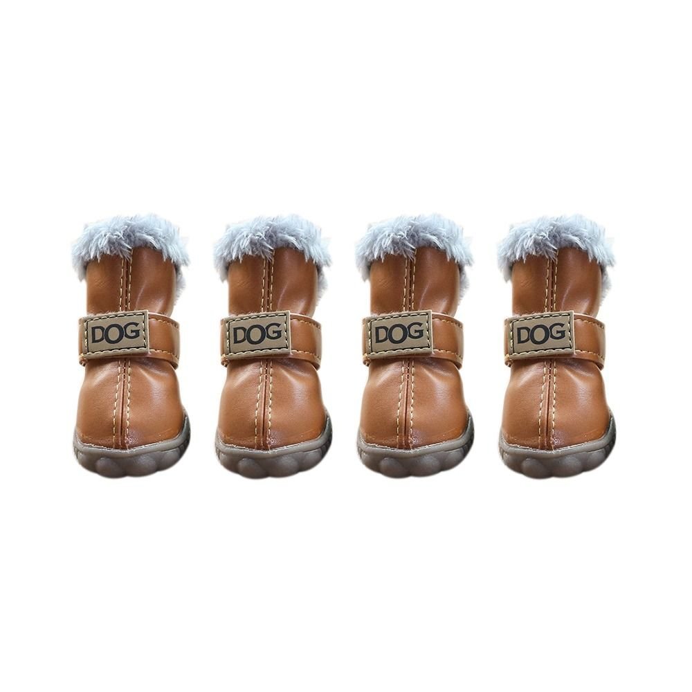 Brown Pet Panache Boutique dog pet boots showing a snug fit around a small dog’s paws for outdoor protection and comfort.