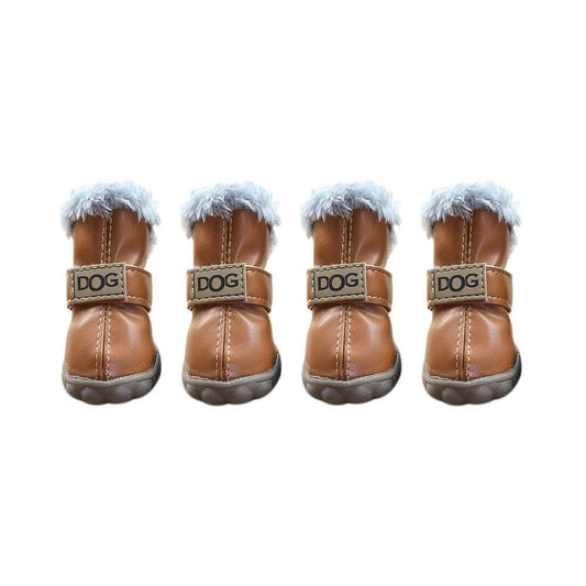 Brown Pet Panache Boutique dog pet boots showing a snug fit around a small dog’s paws for outdoor protection and comfort.