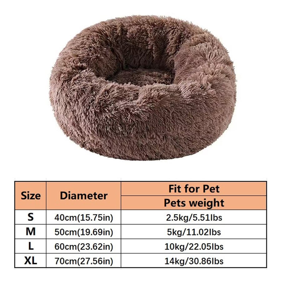 Brown plush round pet bed by Pet Panache Boutique showing a soft, cozy circular bed suitable for small pets.