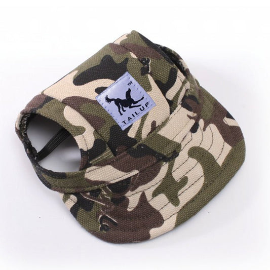 Camouflage pet hat from Pet Panache Boutique, stylish and comfortable accessory for dogs or cats.