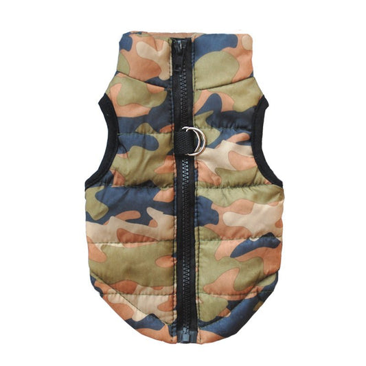 Camouflage Pet Puffer Vest by Pet Panache Boutique, lightweight pet vest with camouflage pattern for outdoor comfort and style.
